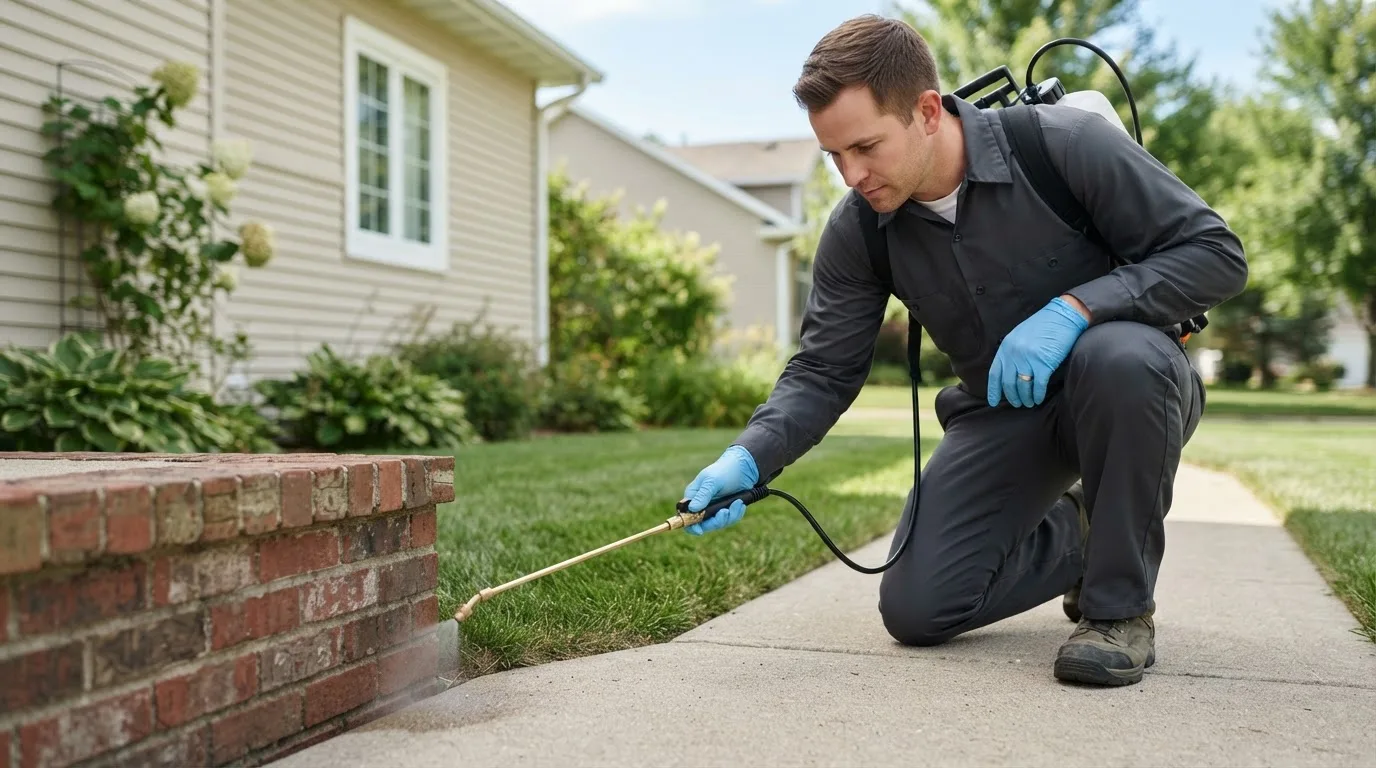Pest control technician treating a home near Grantville, KS