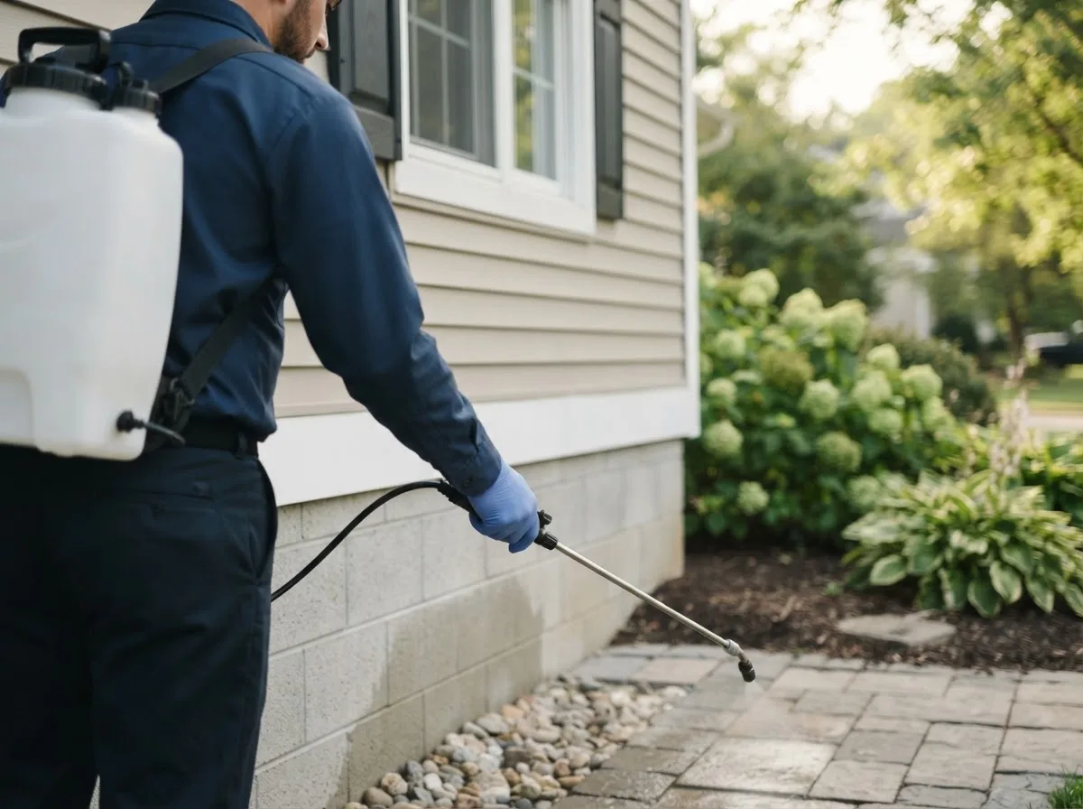 Pest control technician inspecting a home in Grantville, KS